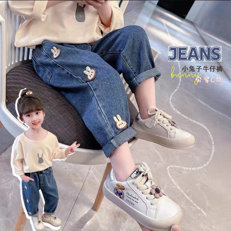 Girls' Jeans Spring and Autumn Cartoon New Western Style Autumn Baby Girls' Pants Outer Wear Children's Straight Autumn Loose