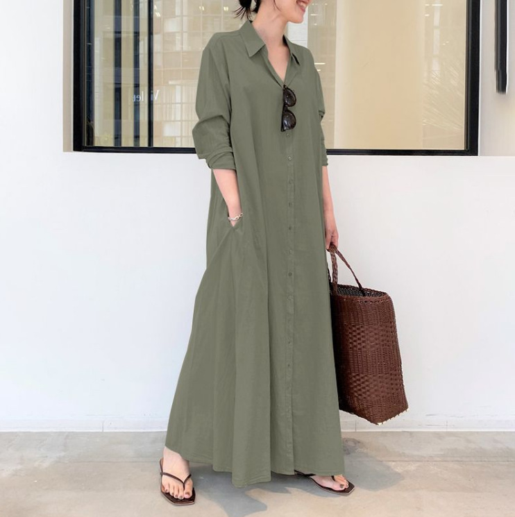 European and American Style Cotton and Linen Solid Color Lapel Long-Sleeved Pocket Simple Loose Casual Long Shirt Dress