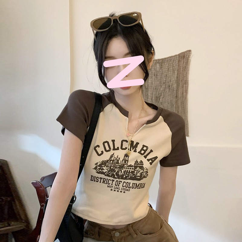 Spice Girls V-neck Short-sleeved T-shirt Women's Summer New American Style Retro Design Sense Base Shirt Women's Short Student Top Women's Clothing
