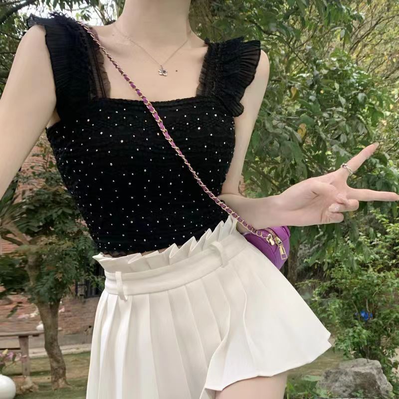 French Style Lace Wide Shoulder Small Sleeve Camisole Design Pure Desire Sexy Inner Wear Outer Wear Slim-fit Slim-fit Top