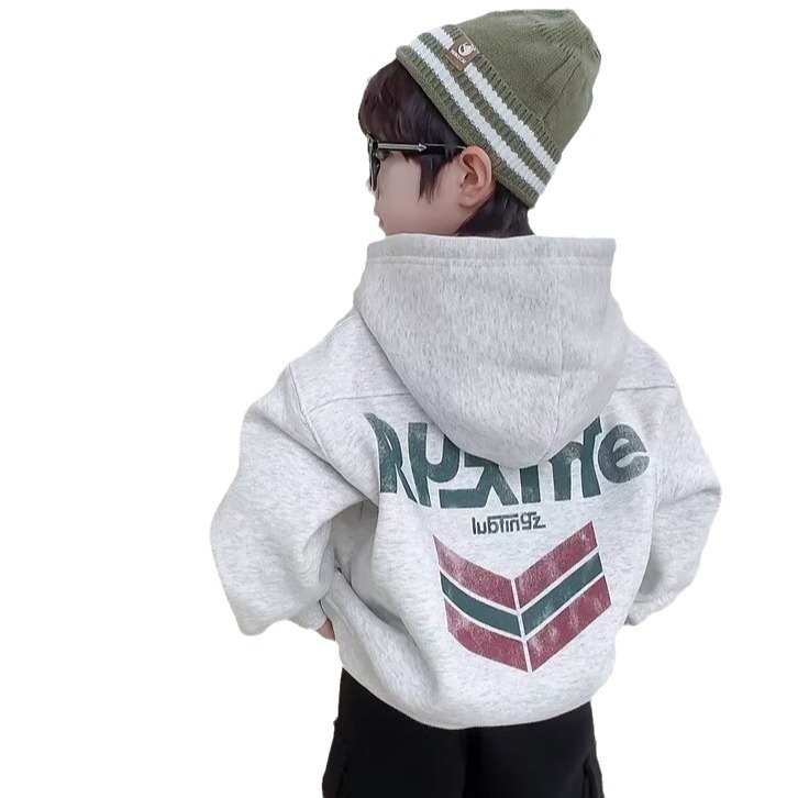 Picture of Boys' Korean Style Autumn and Winter Sports Style Raglan Fashionable Hooded Sweatshirt Kidsren's One-Piece Velvet Handsome Trendy Cool Top