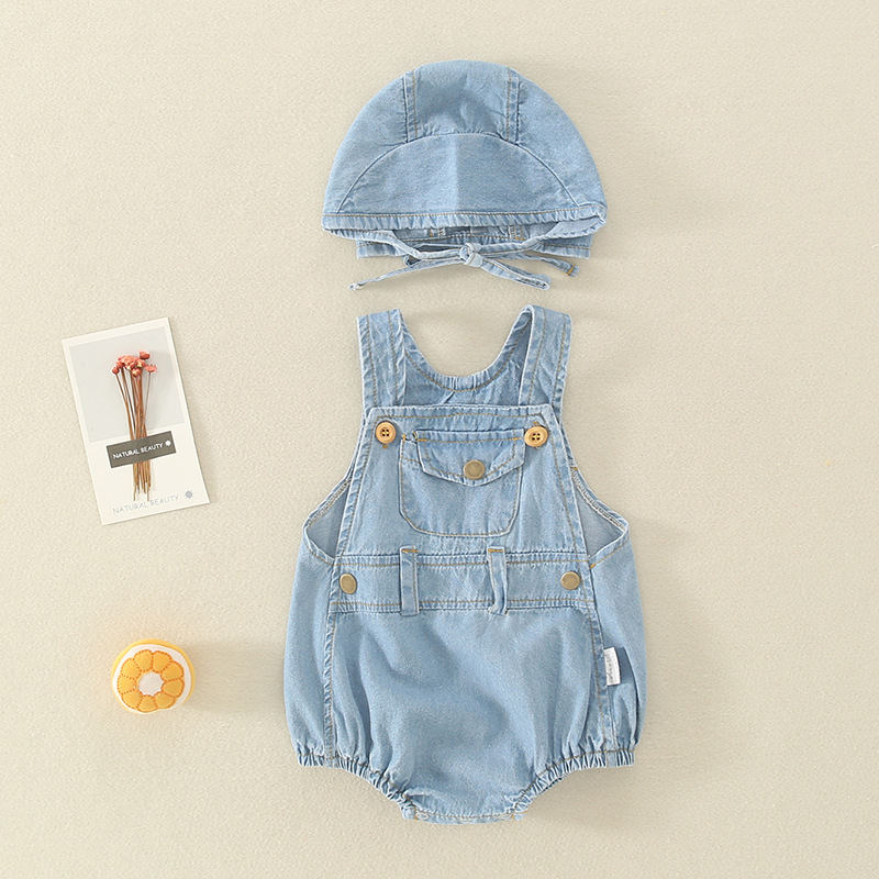 Picture of ins Summer Baby Boys and Girls Baby Light Denim Hat Two-Piece Triangle Climbing Suit