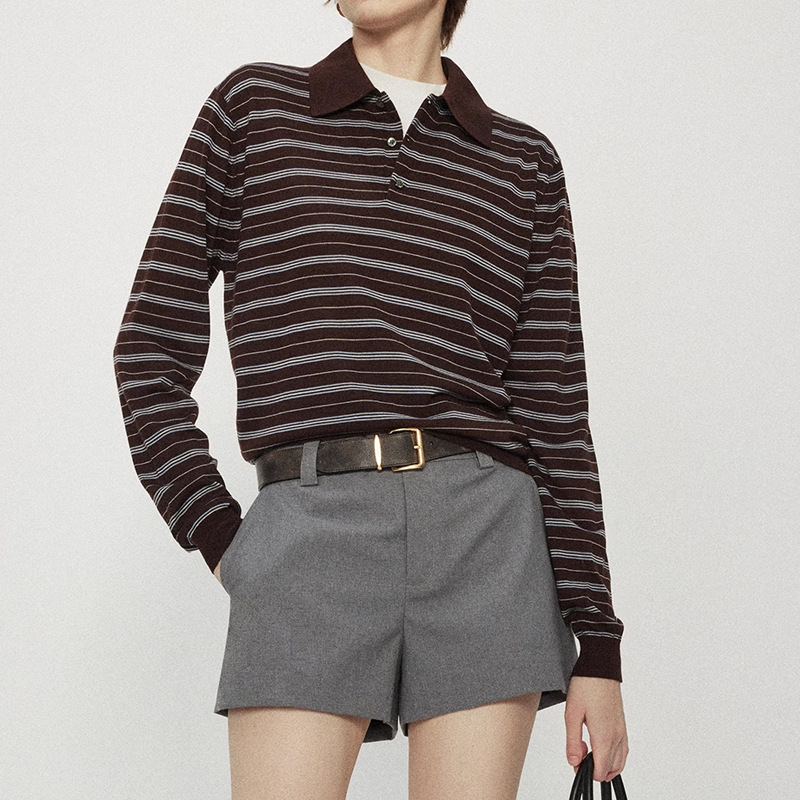 Fashionable M1U Style Washable Wool Blend Contrast Striped Knit Long Sleeve Polo Shirt Vintage New