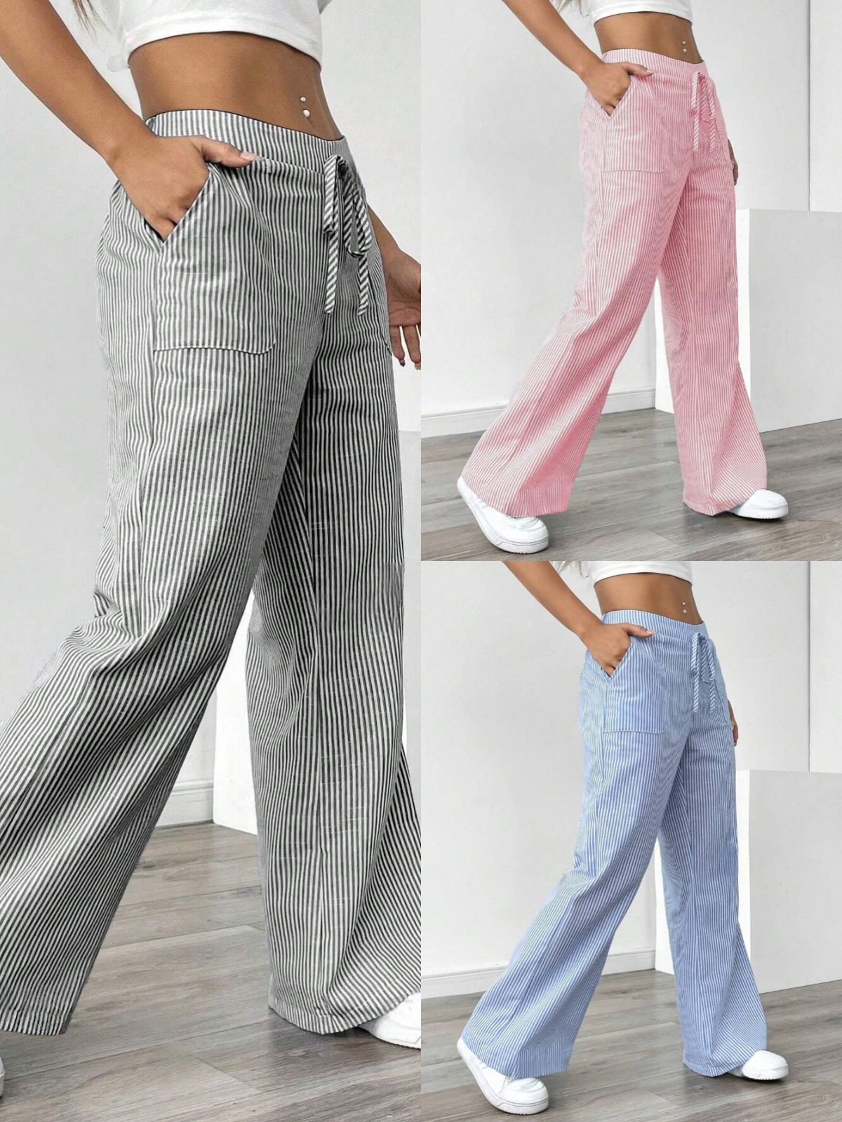 European and American Cross-border Foreign Trade 2025 New Striped Trousers Casual All-match Street Fashion Loose Wide-leg Pants for Women