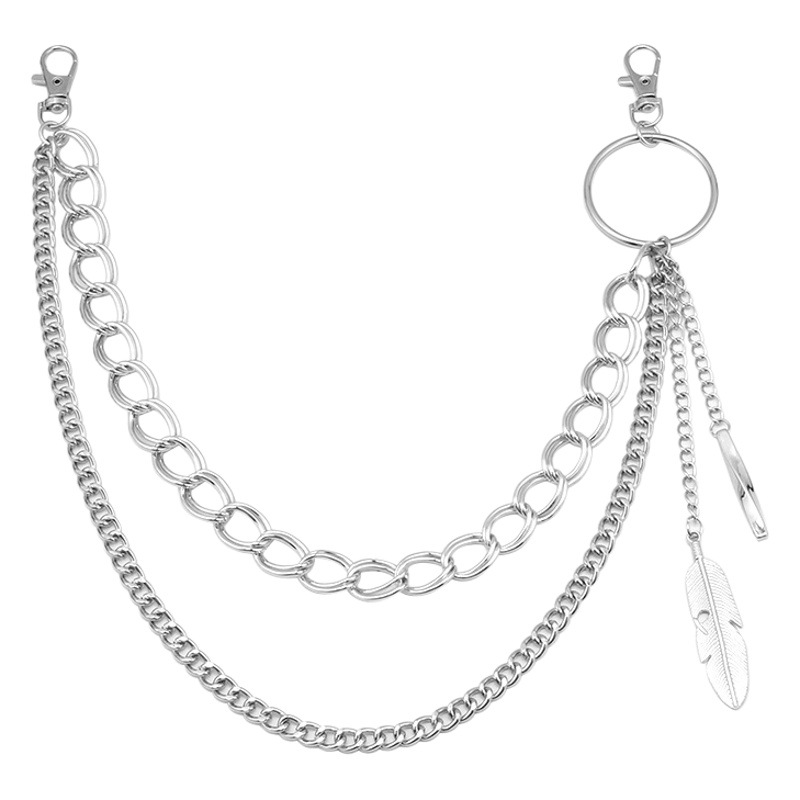 European and American cross-border metal jewelry trendy punk style feather pendant waist chain personalized pants chain jeans ornaments