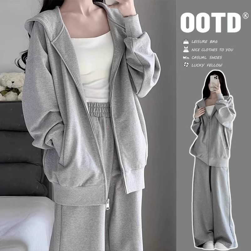American lazy style gray hooded sweatshirt jacket women's autumn 2025 versatile design sense niche simple Korean version trend