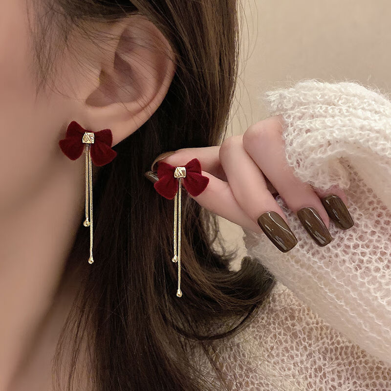 Nanhui Heng'An Red Bow Earrings, Pearl Tassel Earrings, Accessible Luxury and High-End, Long Style, Slimming Look