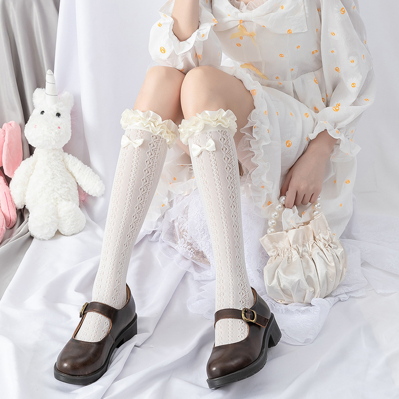 Lace Vertical Strip Beautiful Bow Ribbon Pleated Lace Stockings lolita Mid-Length Socks for Women