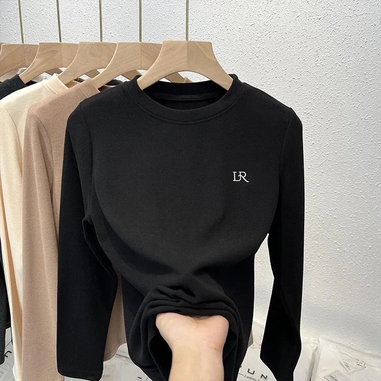 Double-sided Velvet Base Shirt Women's Autumn and Winter New Inner Crewneck Thickened Warm Long-sleeved T-shirt Brushed Warm Top