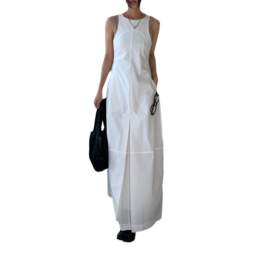 In stock chic minimalist niche waist slimming pleated design over the knee long vest dress