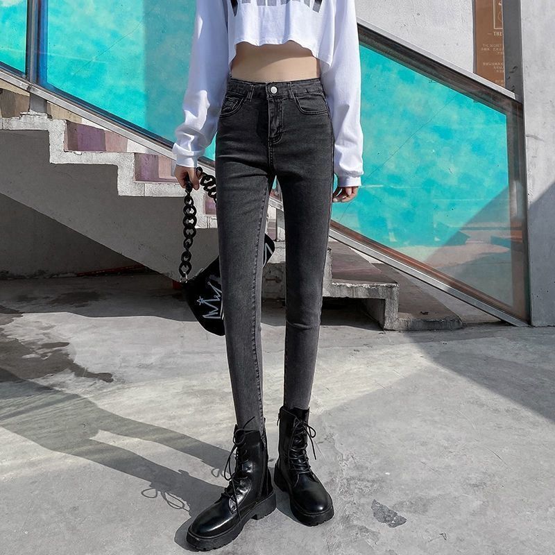 Picture of Fleece-lined jeans women's loose high waist slimming 2021 autumn and winter New outdoor wear versatile straight stretch pencil