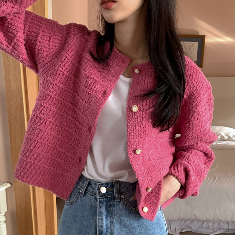 South Korea Chic Autumn and Winter Vintage Chanel Style Crewneck Texture Knitted Sense Design Loose Long Sleeve Short Knitted Sweater