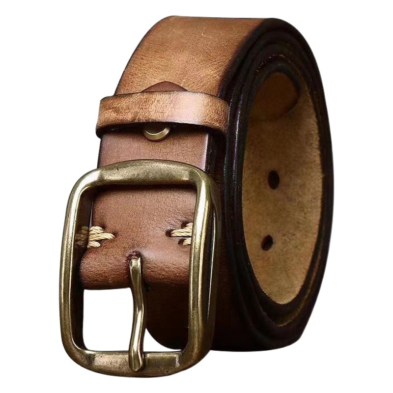 3.8cm American Retro Distressed Pleated Belt Men's Genuine Leather Pin Buckle First Layer Cowhide Korean Style Casual Denim Belt
