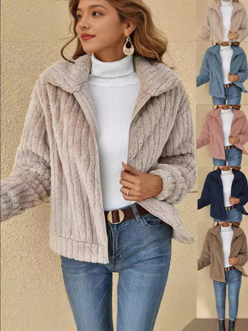 2024 Cross-border New Fall/Winter Plush Cardigan Lapel Short Jacket