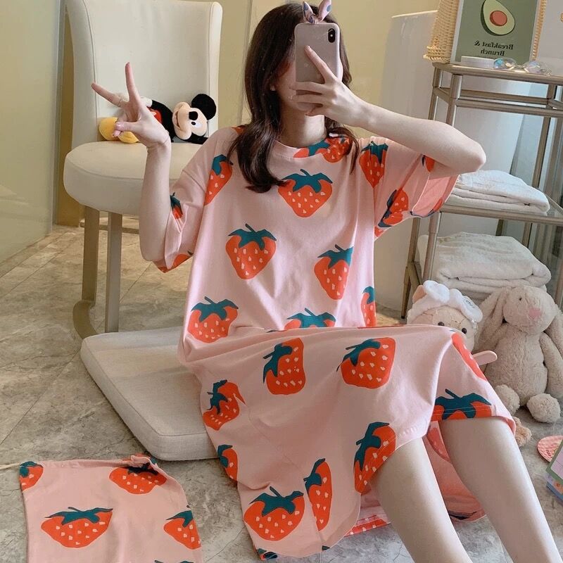 Picture of Internet Celebrity Summer Korean Style Princess Fresh Sweet Loose Nightdress Short Sleeve Plus Size Pajamas Dress with Cloth Bag