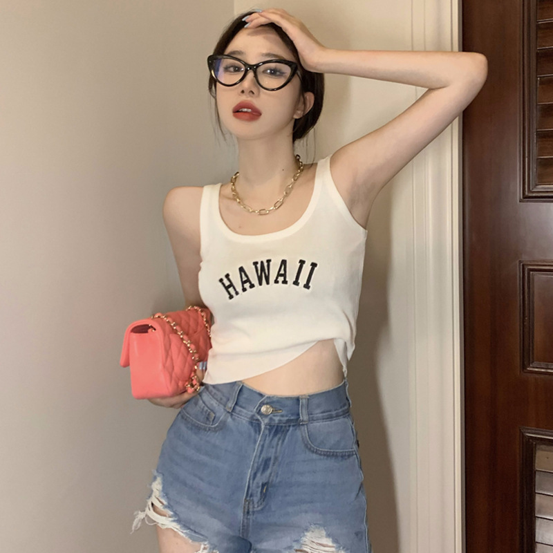 Wholesale Letter Embroidered Crewneck Base Camisole Women's Outer Wear I-character Hot Girl Short Sleeveless Top