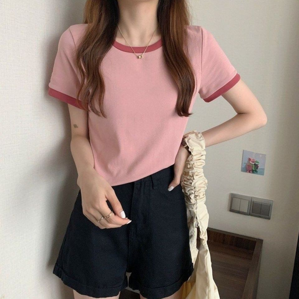 Picture of Contrast Color Round Neck Short Sleeve T-Shirt Women's 2025 New Summer Base Shirt Korean Style Slim Fit Short Student Top Trendy