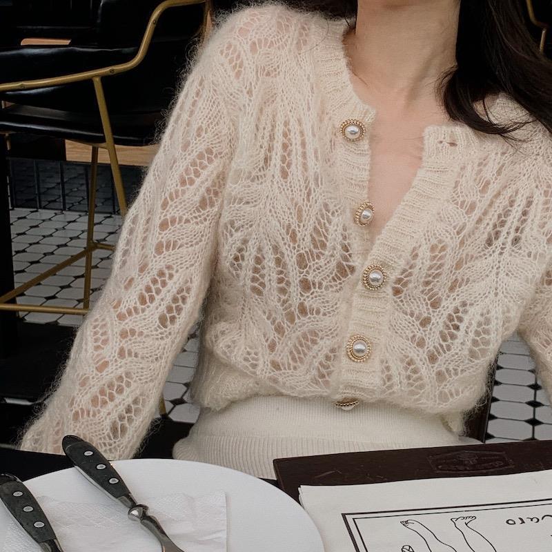 2022 Spring and Summer Sweater Mohair Pearl Lazy Style Cardigan Women's Slightly Transparent Loose Jacket White Hollow Knitted Sweater