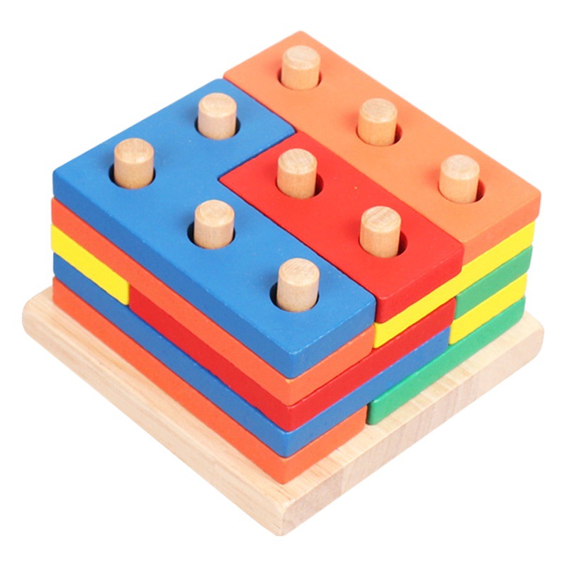 Cross-Border Popular Children's Early Education Educational Geometric Set Column Shape Matching Toys Tetris Enlightenment Wooden Building Blocks