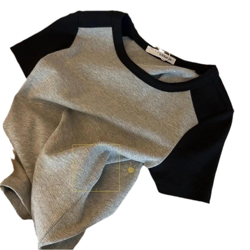 2024 New Stitching Color Contrast Short-sleeved T-shirt Women's Summer Slim-fit Slimming Design Sense Elegant Casual All-match Top