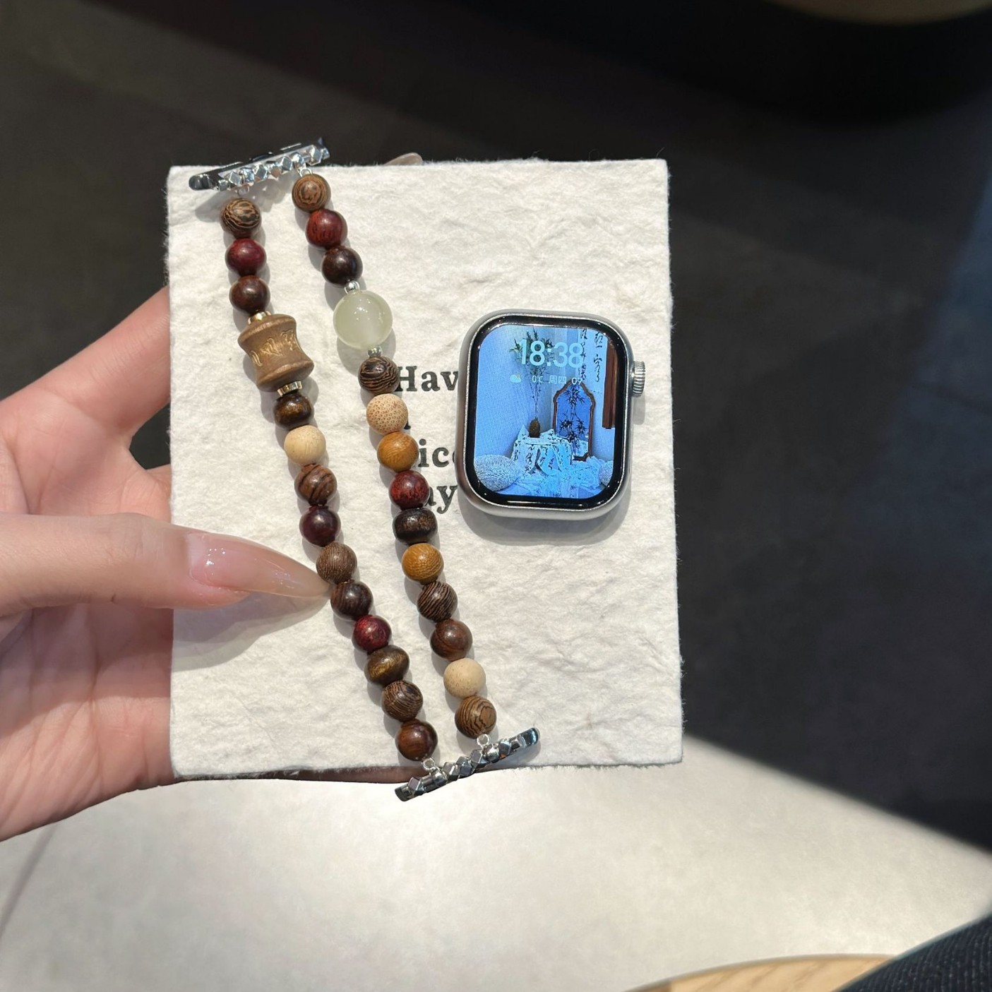 For Apple Watch S10 Strap New Chinese Green Sandalwood Beaded applewatch987 Elastic Iwatch for Men and Women