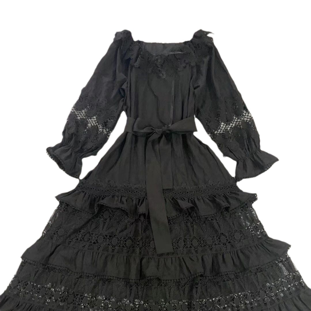 Early Autumn New Sexy Lace Hollow Stitching Lantern Sleeve Lace-up Shows Figure Cake Skirt Embroidered dress