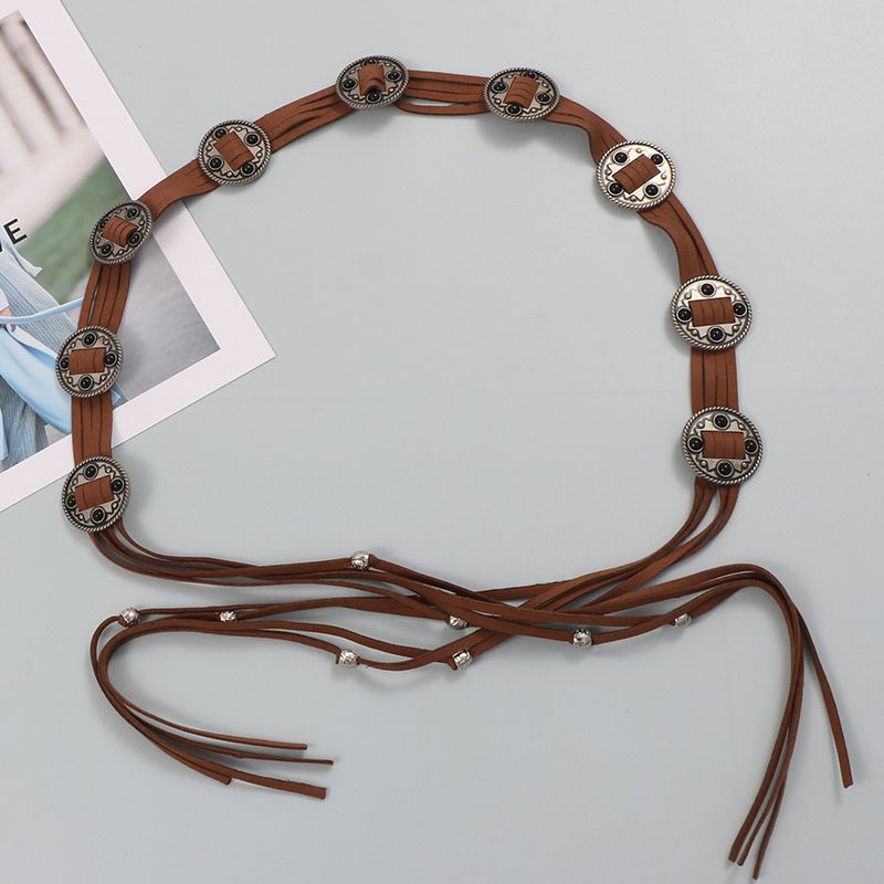 Xiaoqing All-match Tassel Belt Women's Bohemian Circle Metal Strap Lace-up Inlay Outer Belt New