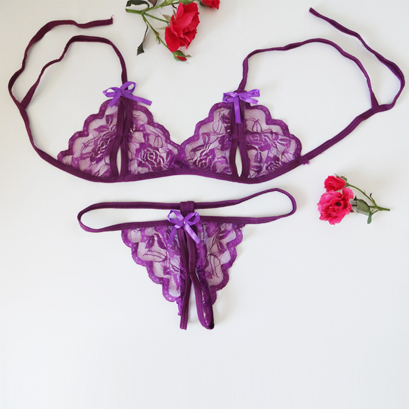 Picture of Sexy Lingerie Three-Point Open Breast-Exposing Bikini Lace Pajamas Set Thong Two-Piece Set Gift Delivery