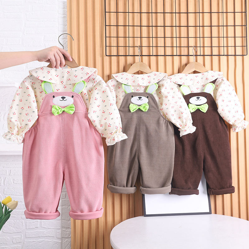 Girls' Strap Pants 2023 Long-sleeved Autumn New Children's Western Style Floral Shirt Baby Girl's Autumn Strap Two-piece Set