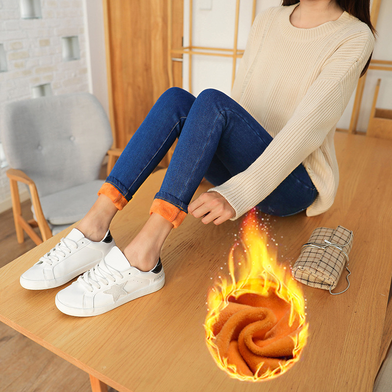 Picture of Dark Blue High Waist Jeans Women's 2023 Spring New Slim-fit Tight All-match Fleece-lined Stretch Pants for Winter