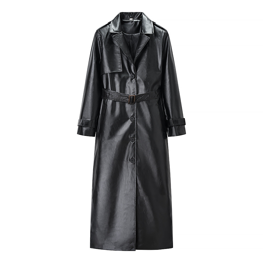 2025 Spring New European and American Cross-Border Women's Street Fashion Faux Leather Long Trench Coat 2885