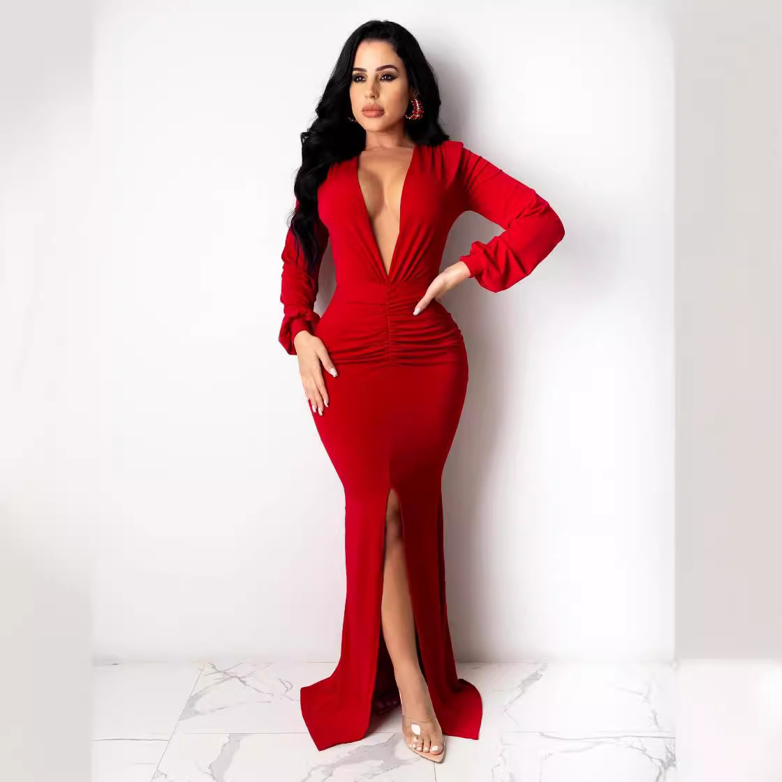 Popular European and American high-end sexy dress v-neck split slim hip skirt nightclub Green personality tight fishtail skirt