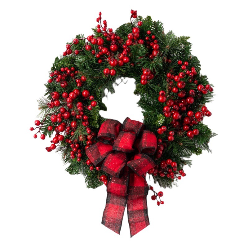 Amazon Mixed Red Berry and Pine Needle Red Fruit Front Door Rustic Holiday Christmas Wreath Red Plaid Bow