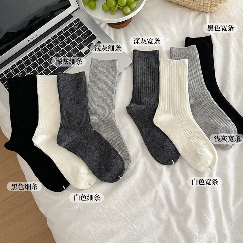 Grey socks women's mid-tube socks summer training shoes stockings white summer thin pile socks with small leather shoes