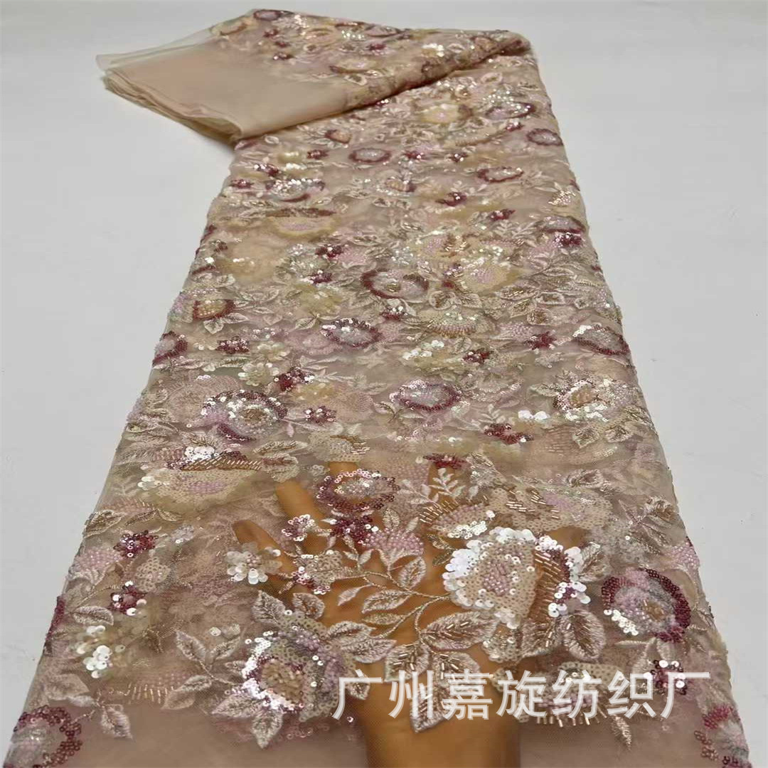 Picture of Multicolor Bead Tube Sequin Plant Embroider Mesh Fabric Fashion Wedding Dress Dress Lace Embroidered Cloth