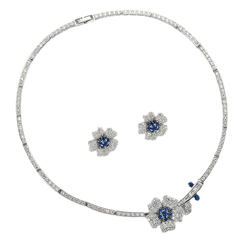 Korean Style Flower Zircon Collar Bride Necklace Earrings Accessories Evening Wedding Dress Set Decoration Photo Studio Props