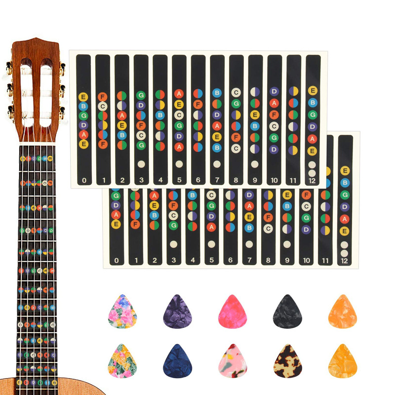Cross-border hot selling guitar fingerboard stickers celluloid pick suit electric guitar note stickers beginner stickers