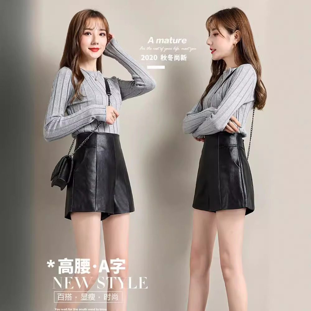 Autumn and Winter Boots Shorts New High Waist Slimming Fashionable Women's Leather Loose Outer Wear Black Wide Leg Shorts plus size 2023