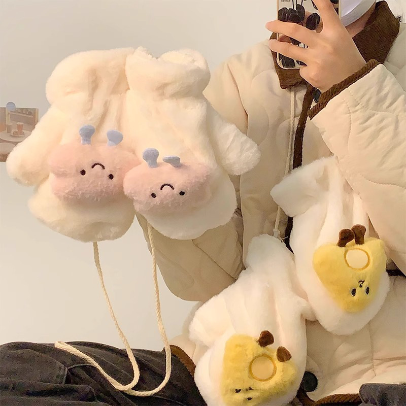 New Winter Korean Style Cartoon Cute Plush Gloves Outdoor Winter Warm fleece-lined Thickened Neck Riding Gloves