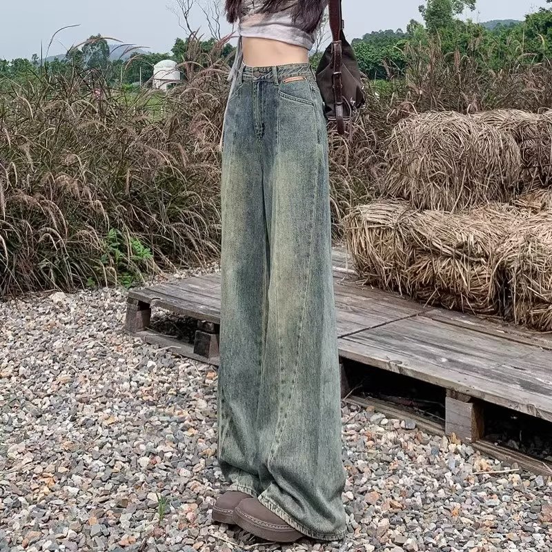 American Style Retro Dressed Wide Leg Jeans Women's Summer New Design Niche High Waist Straight Loose Mop Pants