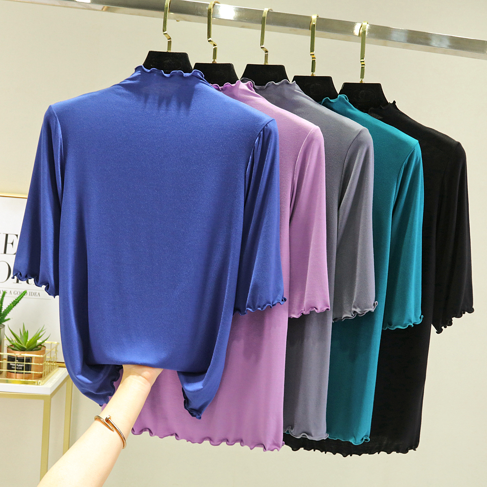 Modal Spring and Summer Short-sleeved Half-high Collar Fungus Base Shirt Solid Color Half-sleeved T-shirt Slim-fit Mask Simple Top