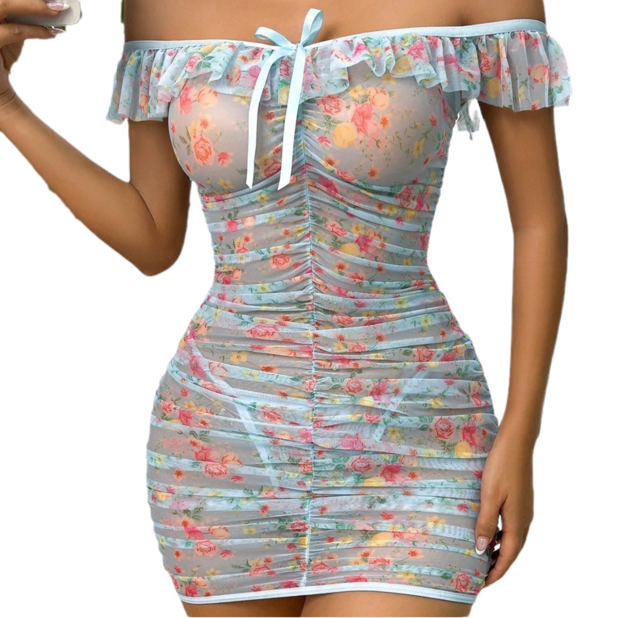 European and American new transparent sexy flower underwear cross-border foreign trade mesh printed pleated temptation pajamas nightdress suit