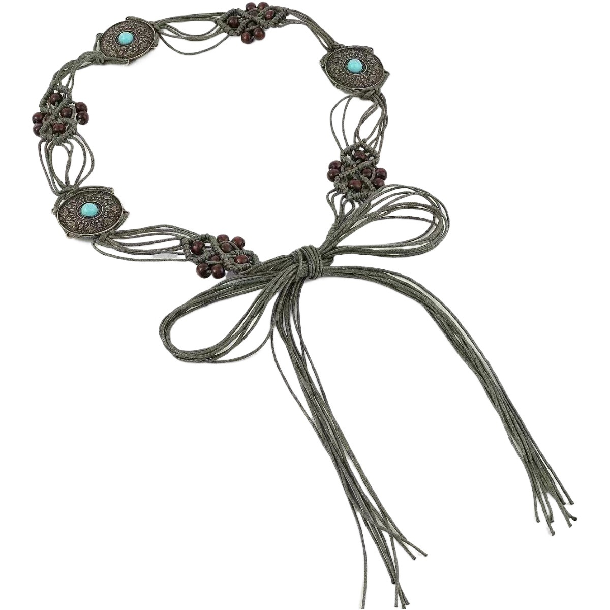 2024 Bohemian Style Turquoise Inlaid Woven Knotted Ethnic Women's Waist Rope, Waist-Cinching Knot Handmade Weaving
