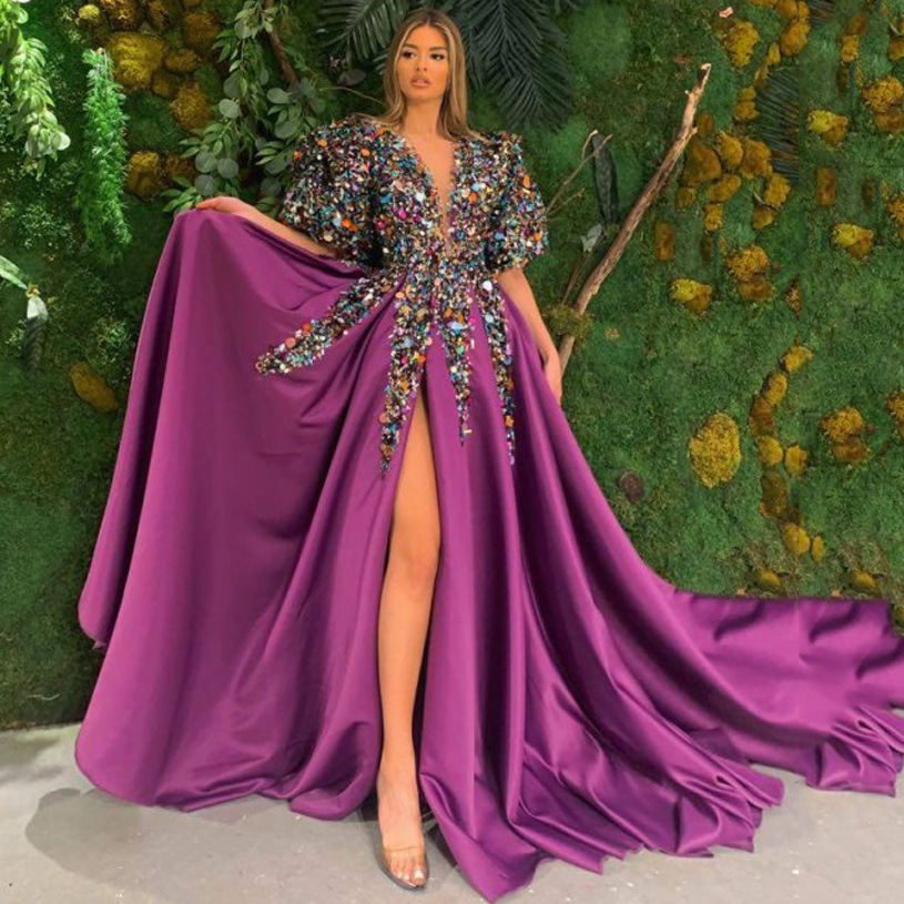 2025 Spring New Cross-Border European and American Clothing Floral Dress Sequined Large Hem Slit V Neck Banquet Evening Dress for Women
