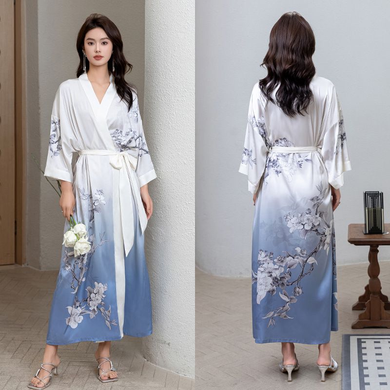 Picture of Yaoting Satin Printed Pajamas for Women Summer Large Size Accessible Luxury Three-Quarter Sleeves Cool Long Nightgown Home Wear Women Wp2669