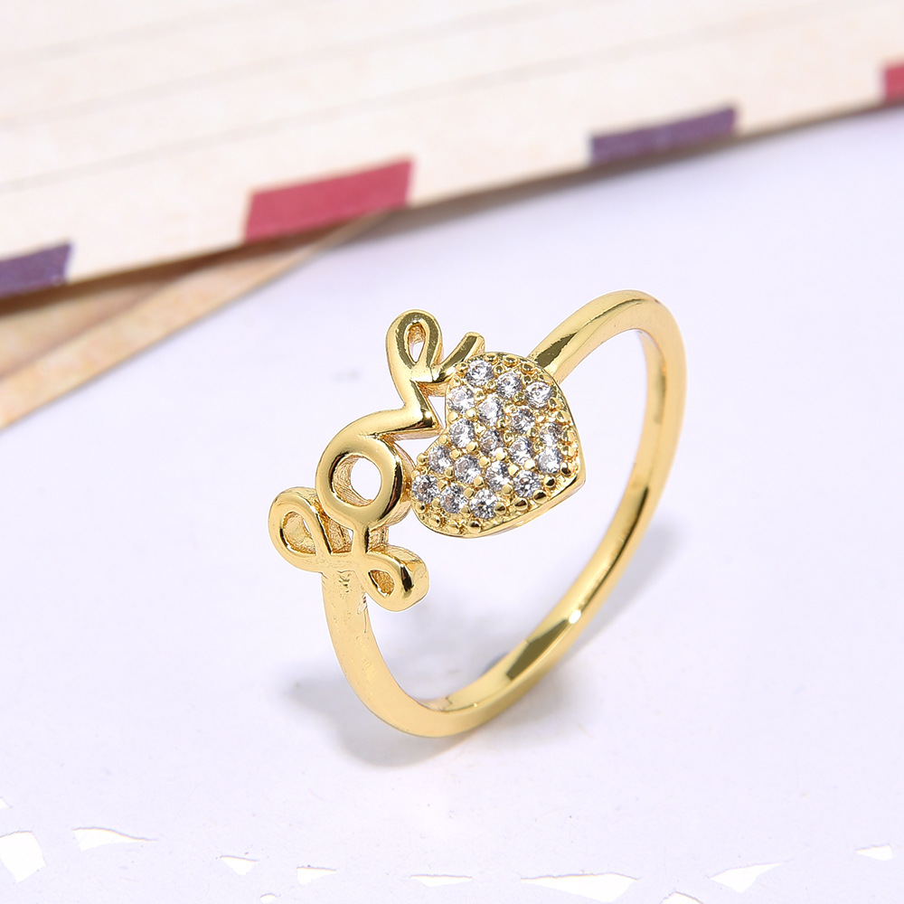 Picture of 4 Copper Set Zircon Activity Loving Heart Open Female Ring Pet Cat Fish Bone Loose Mouth Finger Ring Gold Color Preservation Jewelry