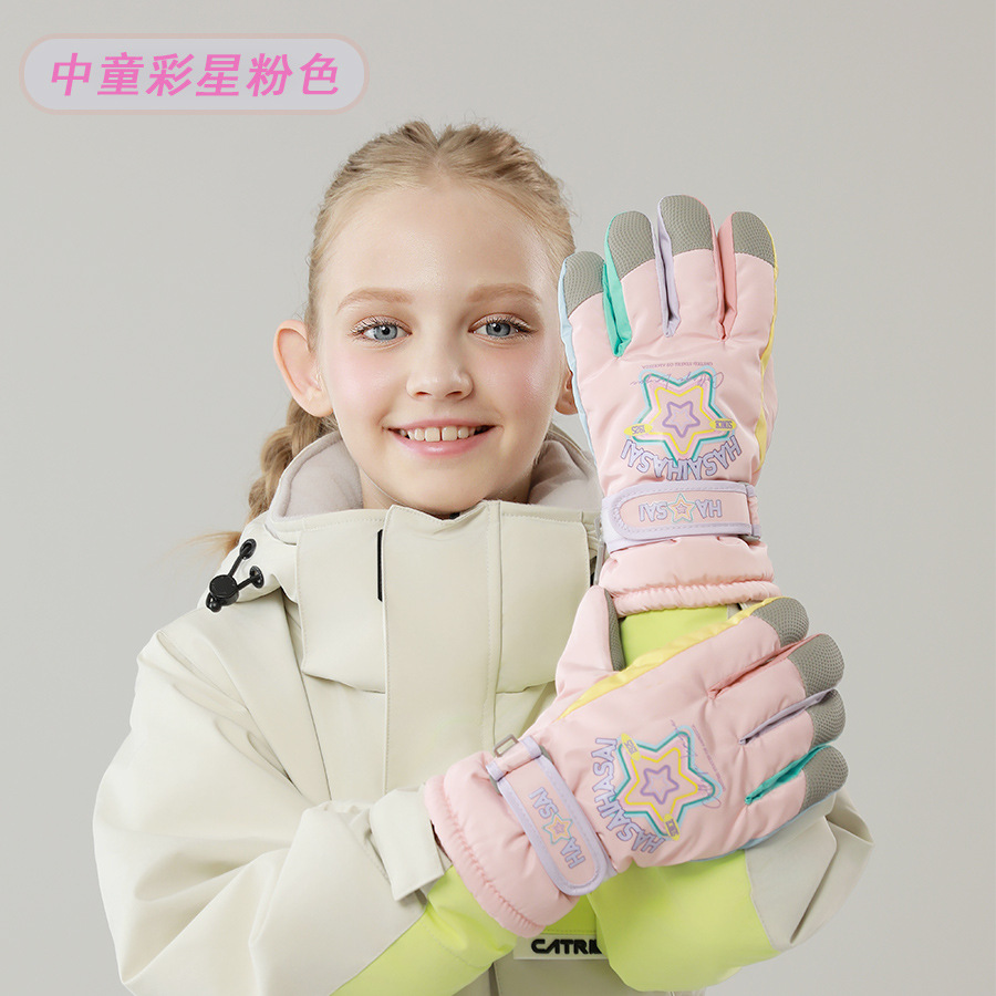 Picture of Children's ski gloves, knitted warm wrist pads, full touchscreen printed waterproof thickened gloves, children's ski gloves