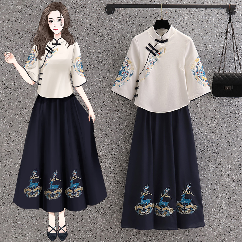 Chinese Style National Style Hanfu Modified Zen Tea Clothing Top Vintage Embroidered Deer Yao Buckle Top suit Summer Skirt