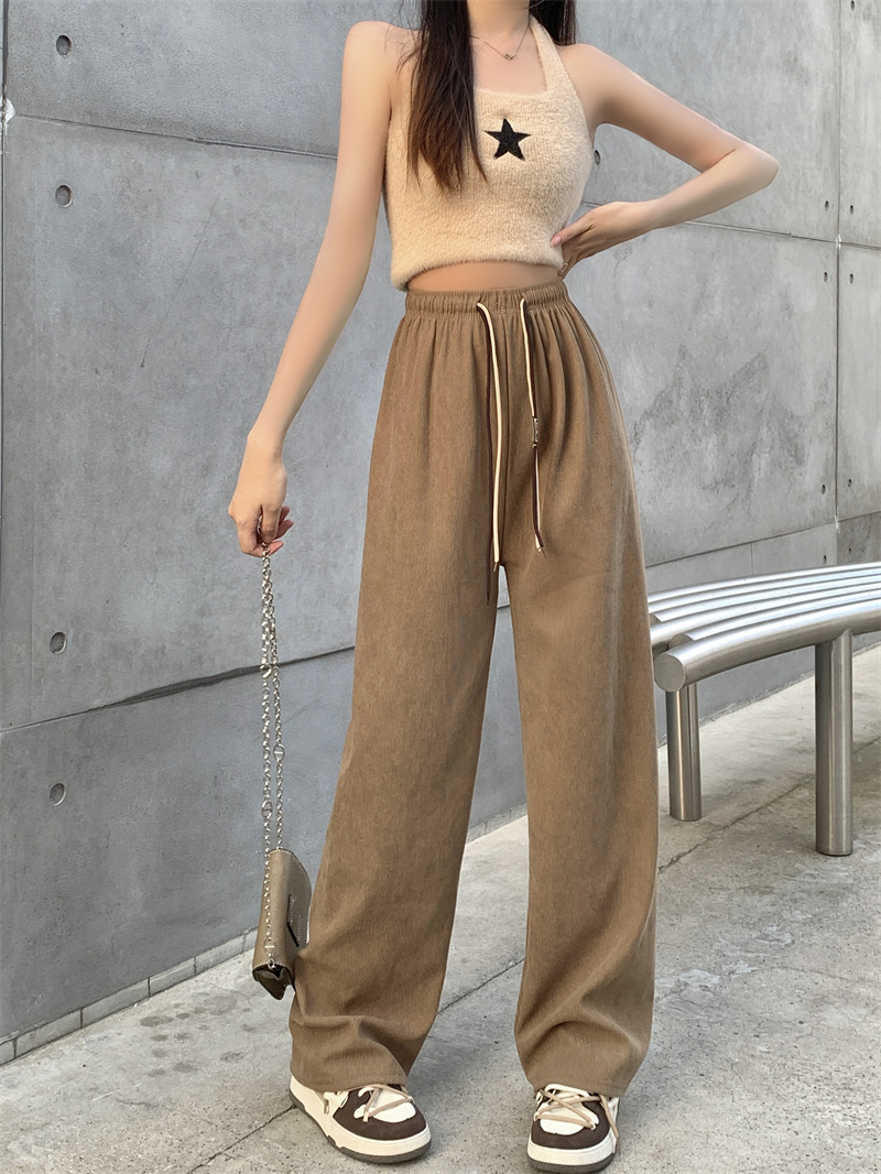 Picture of Grooved Cotton Velvet Smiley Face Double Drawstring Wide-Leg Pants for Women, Spring and Autumn High-Waist Drapey Loose Straight Ultra-Thin Stripe Casual Pants