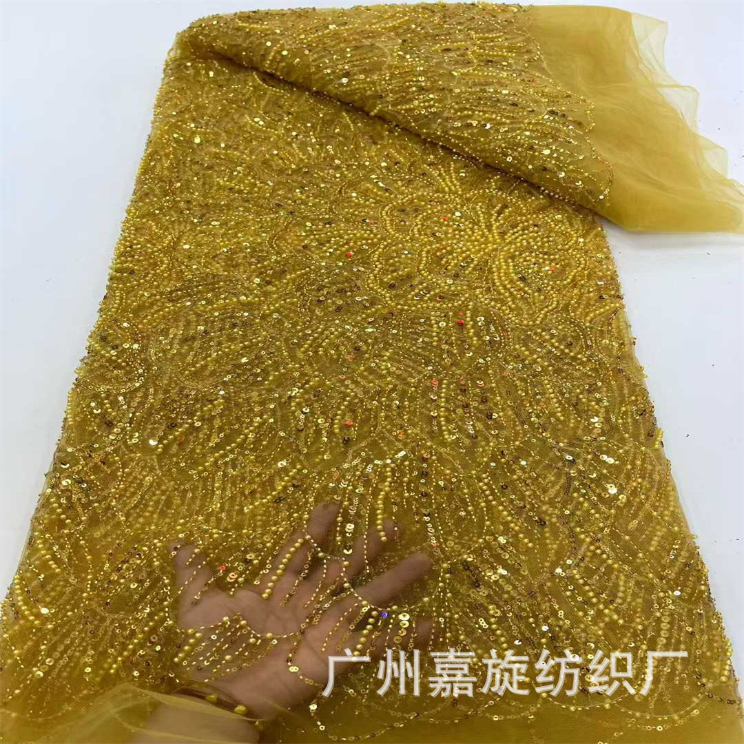 Picture of African large flower beaded tube sequin wedding dress fashion fabric 5yards African beaded lace
